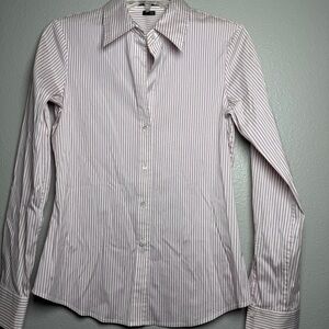 Theory Women’s Small Striped Button-Up – Cinched Waist Office Chic Pink White
